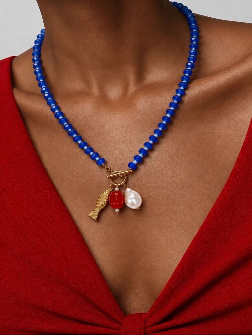 Mayamar Cobalt Fish, Pearl and Red Bead Charm Toggle Necklace & Gift Bag